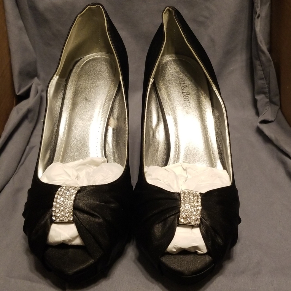 David's Bridal black heels with rhinestone detail